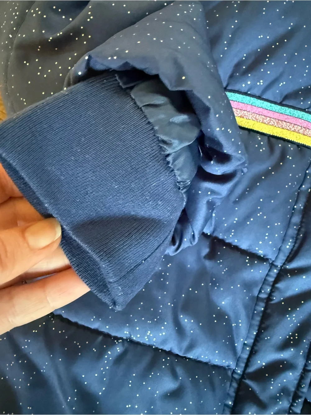 Carter’s, Navy Glitter Puffer Winter Coat Faux Fur Hood, Size 12 EUC
